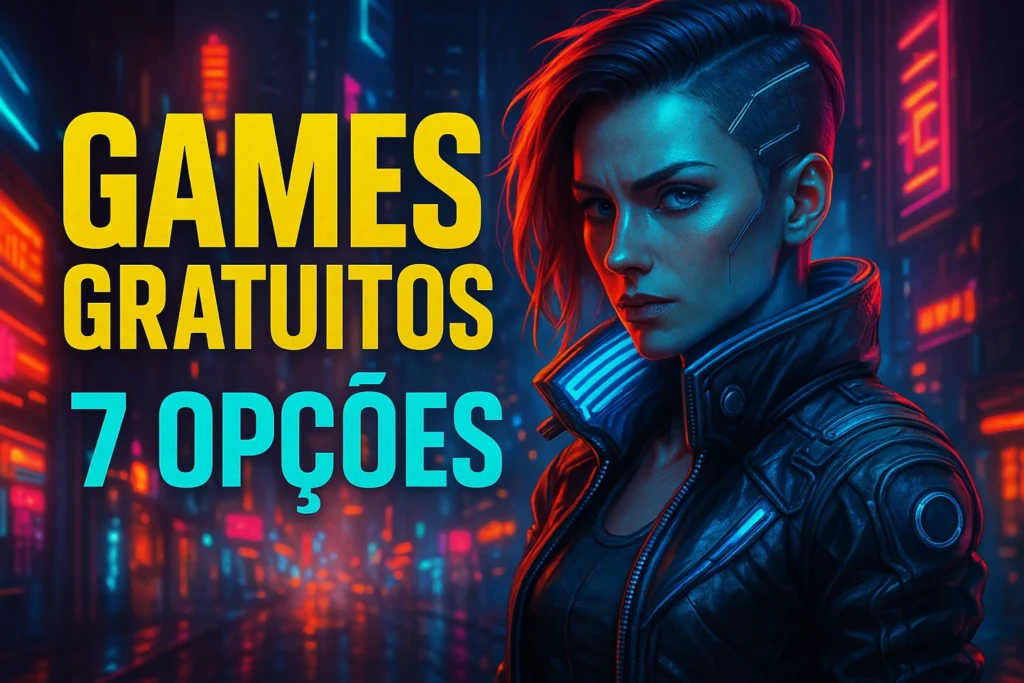 Imagem digital com visual futurista em estilo cyberpunk, mostrando uma mulher de cabelo raspado com jaqueta iluminada por neon. Ao fundo, uma cidade noturna cheia de luzes coloridas e letreiros digitais. Em destaque, o texto “Games Gratuitos — 7 Opções”.