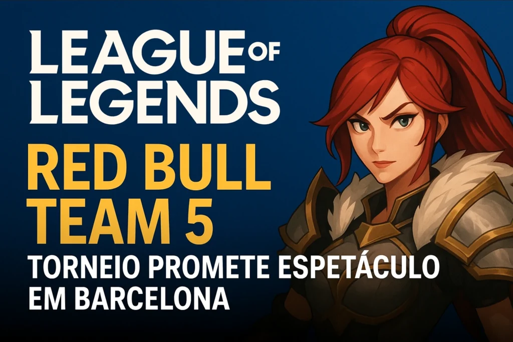 Thumbnail do artigo sobre o torneio Red Bull Team 5 de League of Legends em Barcelona, com o título em destaque e uma campeã de cabelo vermelho em armadura olhando com expressão determinada.