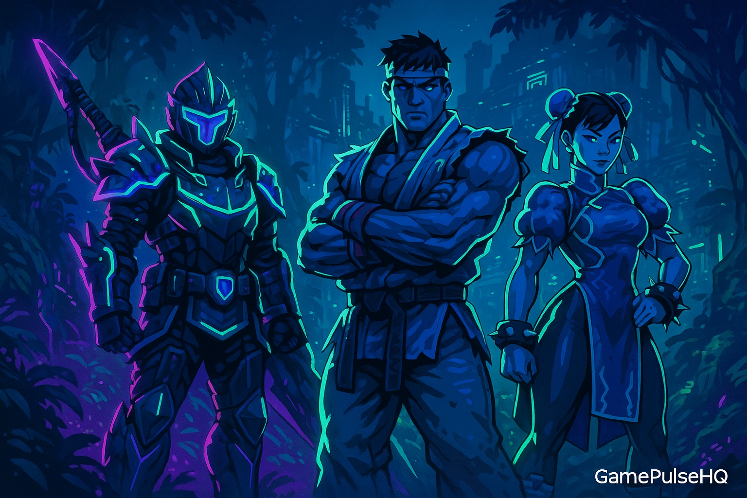 Imagem conceitual futurista com personagens de Monster Hunter Wilds e Street Fighter em estilo cyberpunk minimalista, com Ryu, Chun-Li e um caçador em trajes neon, diante de uma cidade em ruínas iluminada por cores vibrantes.