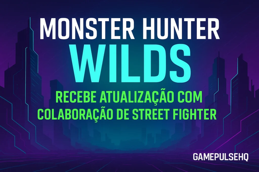 Thumbnail com visual futurista minimalista e texto em neon destacando a atualização de Monster Hunter Wilds com colaboração de Street Fighter, ideal para artigo do GamePulseHQ.