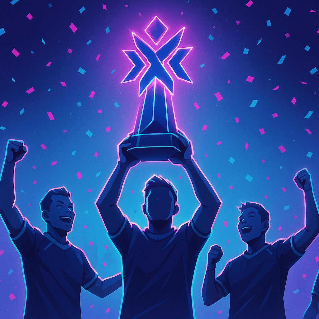 Equipe vencedora 'Gigantes Destemidos' celebrando com o troféu do Valorant Masters Tokyo 2025.