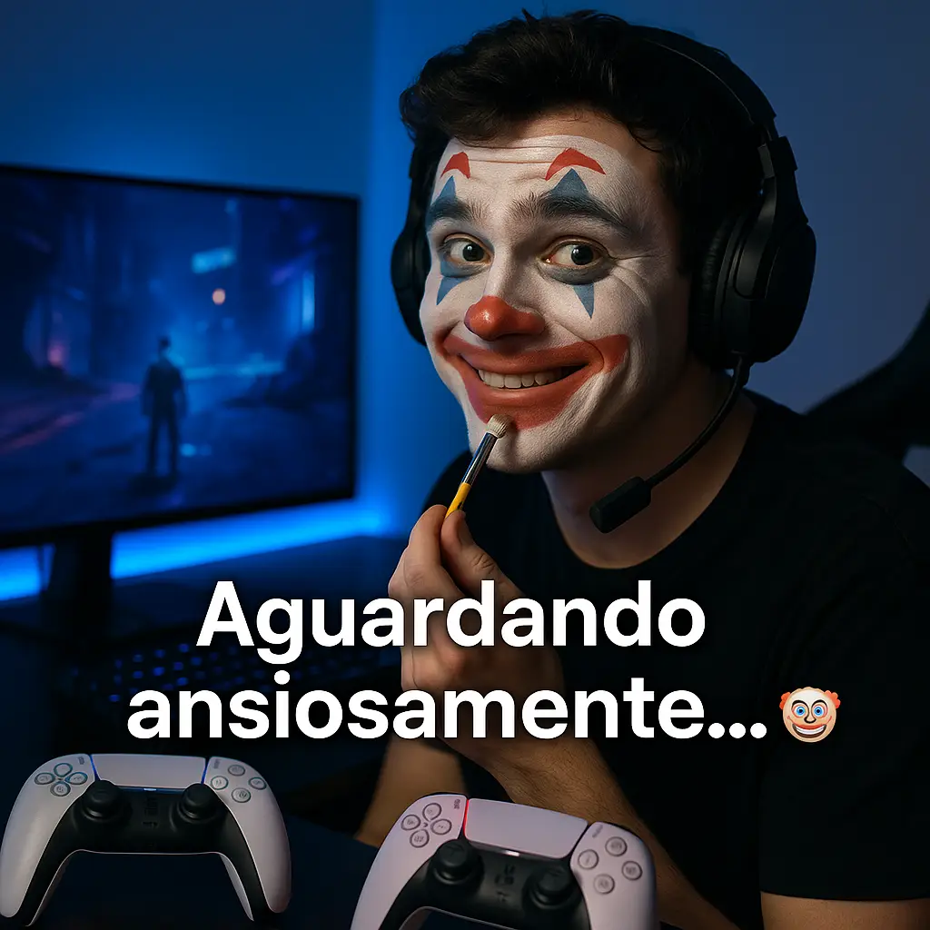 Gamer com maquiagem de palhaço e fone de ouvido, sorrindo sarcasticamente para a câmera em frente a um setup de jogos com controles de PS5 e a frase "Aguardando ansiosamente... 🤡" sobreposta.