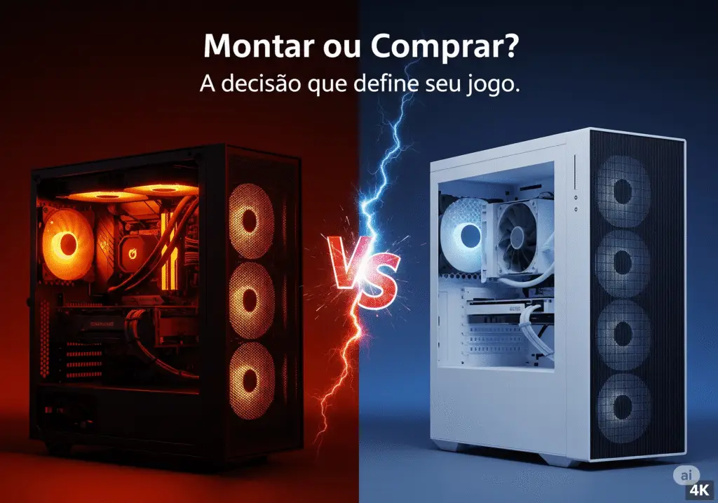 Thumbnail para a decisão de montar PC gamer ou comprar pronto. Mostra um PC customizado com componentes visíveis, em laranja, contra um PC pré-montado, em azul. O texto diz: "Montar ou Comprar? A decisão que define seu jogo."