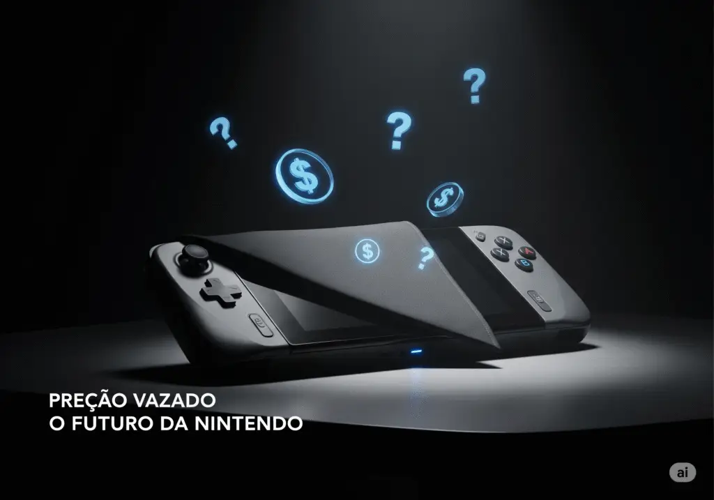 Thumbnail cinematográfica mostrando um console futurista sob uma luz dramática com o texto "Preço Vazado", ilustrando a especulação sobre o preço do nintendo switch 2 e o futuro do novo console nintendo.