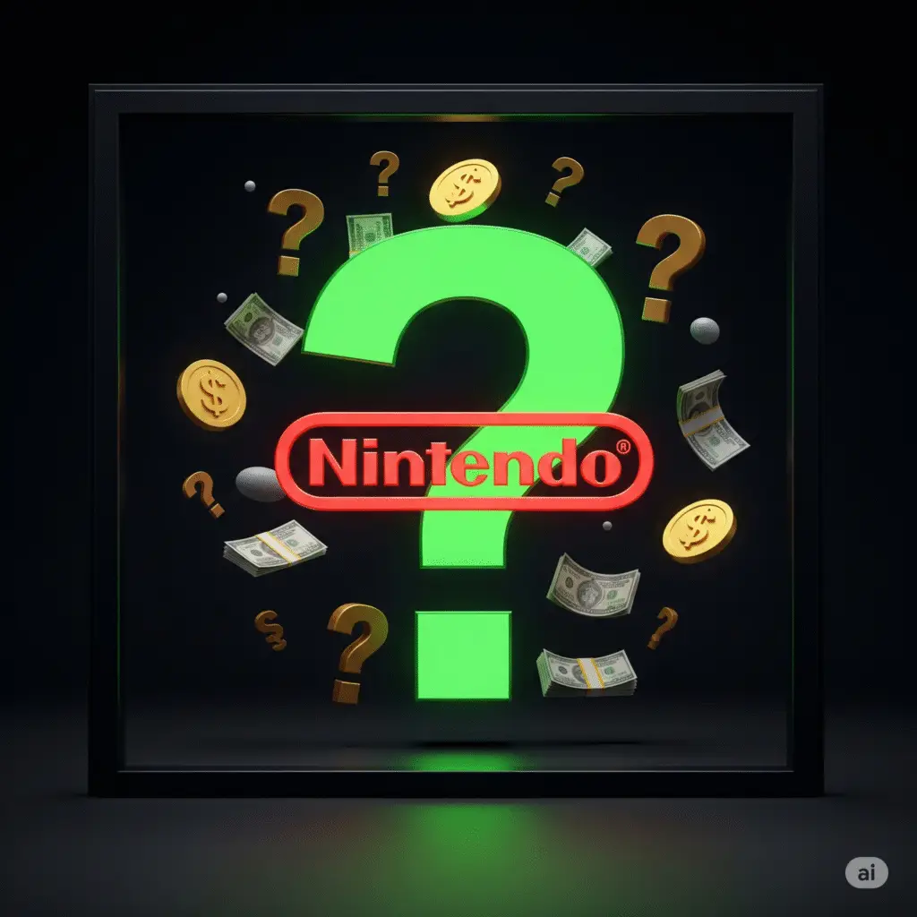 Imagem conceitual com o logo da Nintendo cercado por um ponto de interrogação e cifrões, representando a especulação em torno do preço do nintendo switch 2 após o vazamento nintendo switch 2.