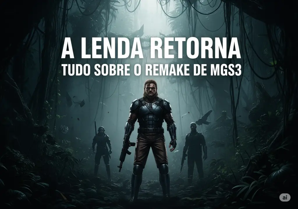 Thumbnail para um artigo sobre o remake de Metal Gear Solid 3. A imagem mostra o texto 'A LENDA RETORNA / TUDO SOBRE O REMAKE DE MGS3' sobreposto a um fundo de selva escura e atmosférica.