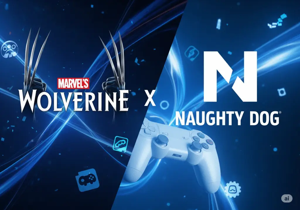 Montagem de logos de jogos aguardados como Marvel's Wolverine e um símbolo da Naughty Dog, representando possíveis anúncios no State of Play Junho 2025.