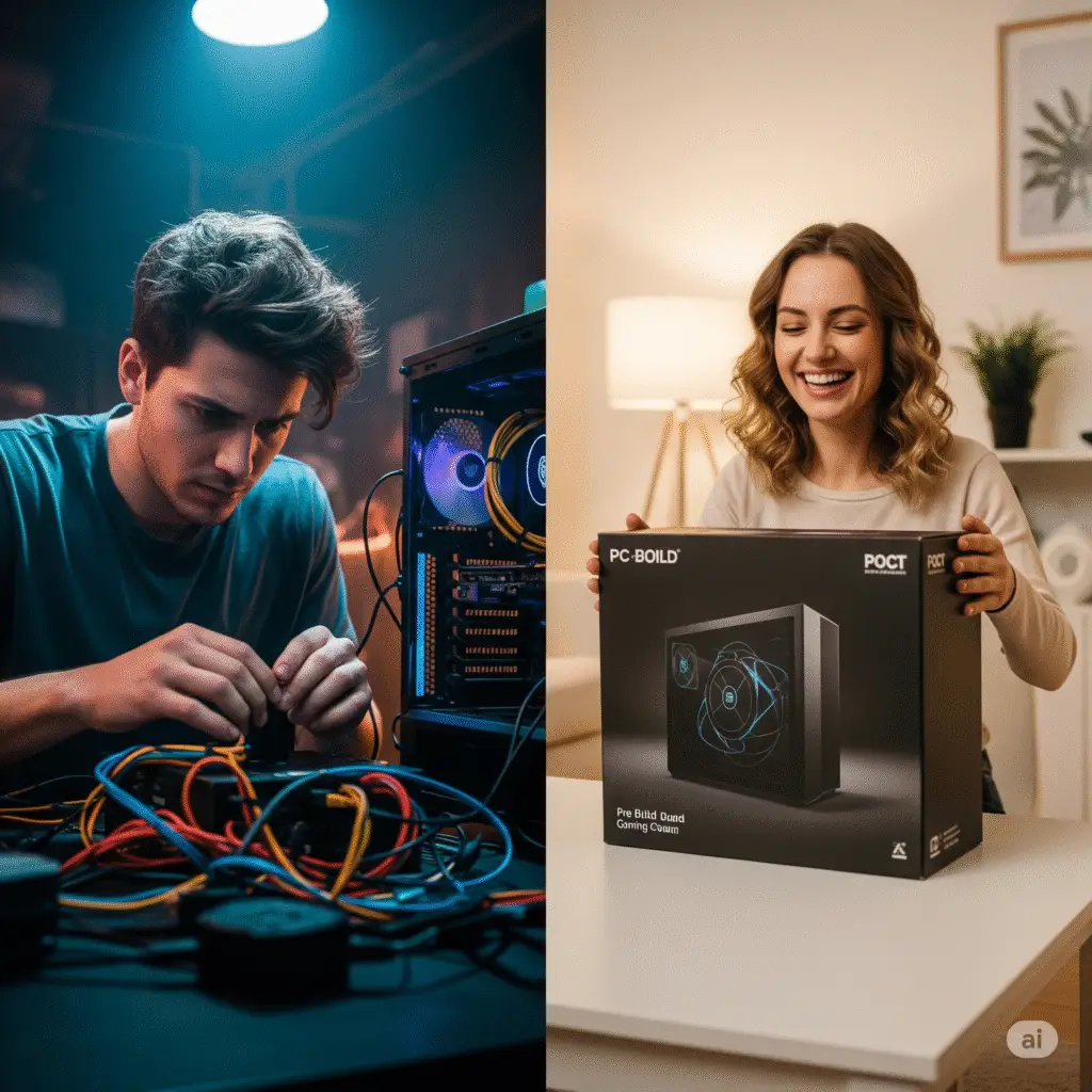 Imagem dividida em estilo cinematográfico que ilustra a decisão de montar PC gamer ou comprar pronto. À esquerda, um homem está focado na montagem, cercado por peças e cabos, como os de um guia de componentes PC. À direita, uma mulher sorri, feliz com a conveniência de seu computador já montado.