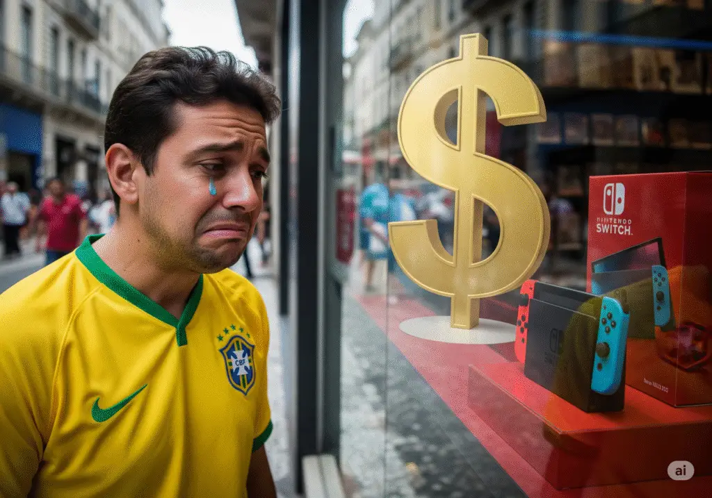 Fotografia em estilo de meme de um homem com a camisa da seleção brasileira chorando com uma expressão cômica enquanto olha para a vitrine de uma loja que exibe um console Nintendo Switch ao lado de um grande cifrão dourado. A cena se passa em uma rua movimentada.