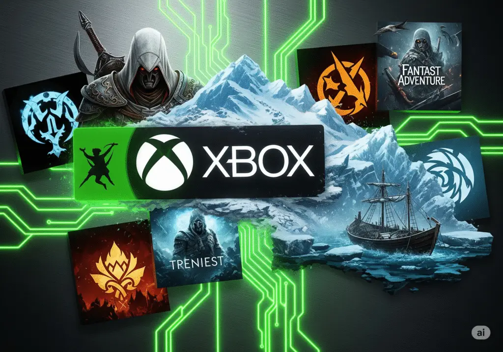 Arte promocional do Xbox Game Pass. O logo do Xbox está no centro, sobreposto a uma montanha nevada. Ao redor, há várias imagens e símbolos de jogos, incluindo um assassino com capuz, um navio antigo e vários logotipos de jogos. O fundo é escuro com um padrão de circuitos em verde neon, dando um ar tecnológico e dinâmico à composição.