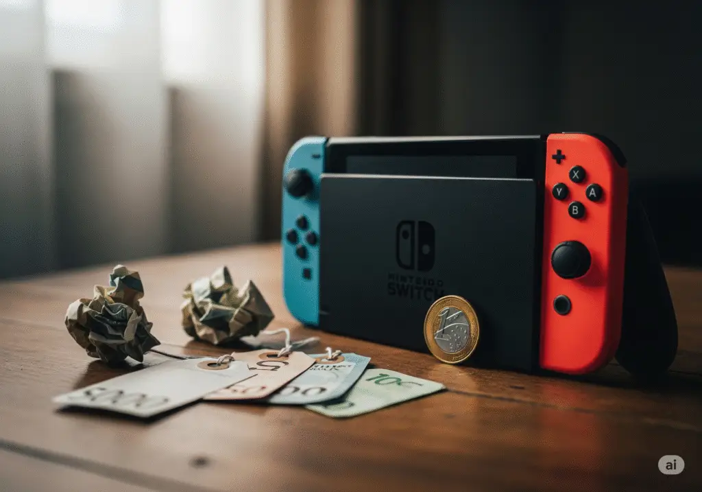 Uma fotografia de produto cinematográfica de um console Nintendo Switch sobre uma mesa de madeira rústica. Ao lado do console, há várias etiquetas de preço amassadas e uma pequena moeda, destacando a disparidade de valor. A cena é um close-up com iluminação suave vinda de uma janela lateral, criando sombras longas e um clima pensativo, com o fundo desfocado.