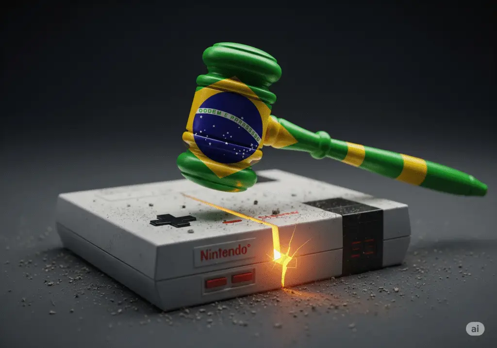 Um martelo de juiz com as cores do Brasil paira sobre um console clássico e rachado. A cena representa um conceito sobre a Nintendo no Brasil, de onde uma luz de esperança emana do aparelho danificado.