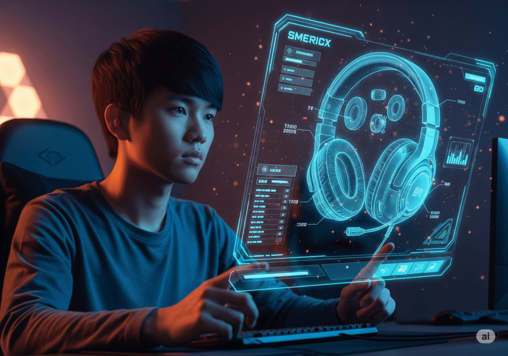 Um gamer examina um headset holográfico (possível "headset gamer custo benefício" ou um exemplo de "fones de ouvido bons e baratos para jogar"), exibindo seus componentes internos em detalhes tecnológicos. Cena futurista com iluminação contrastante.