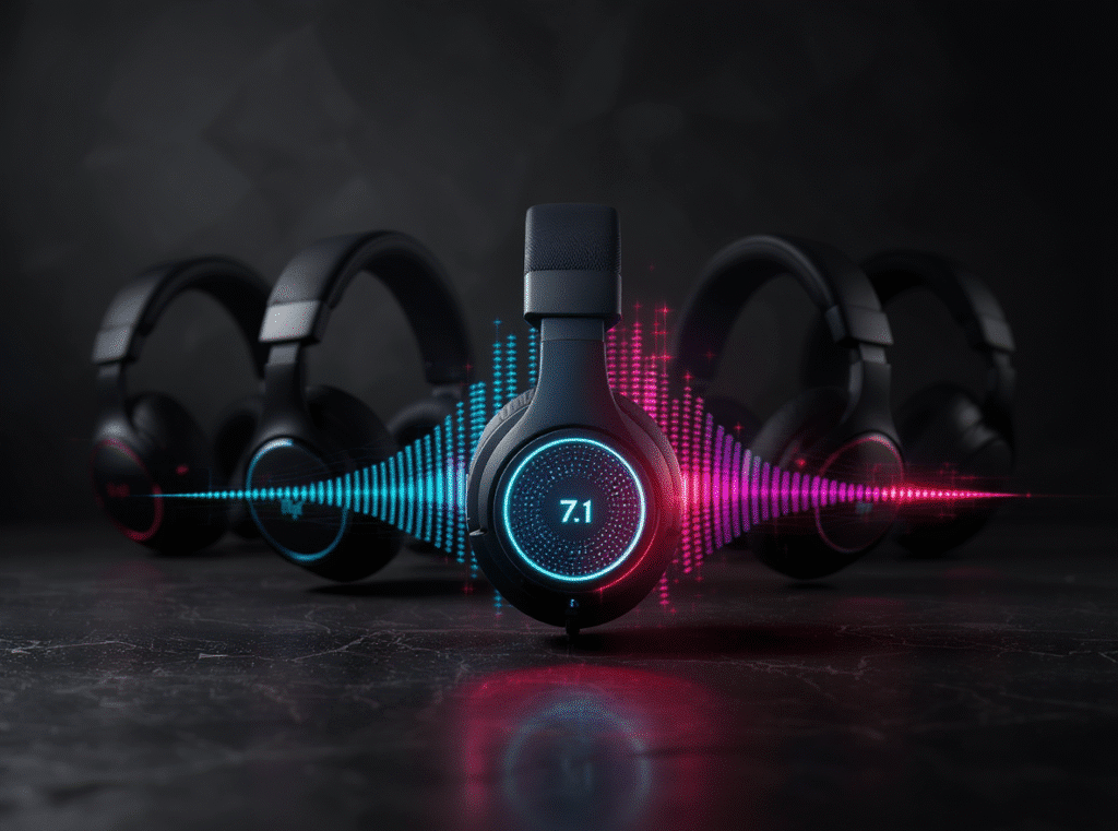 Um headphone gamer preto com luzes de LED azul e rosa e "7.1" no centro, com outros headphones desfocados no fundo.