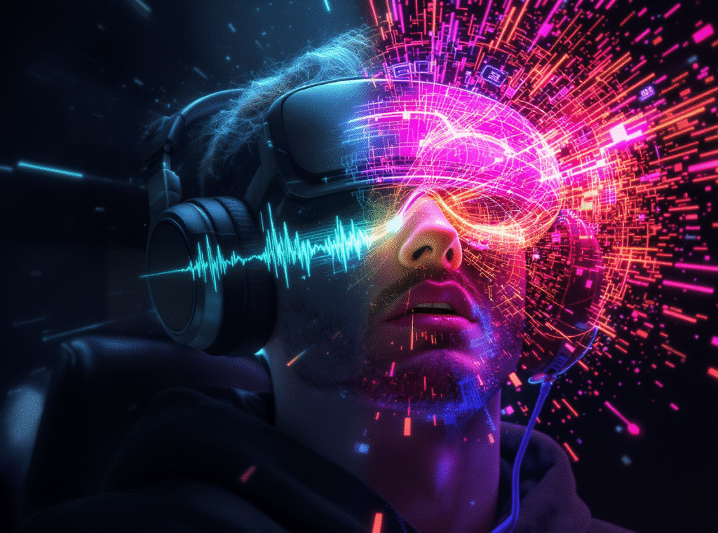 Um gamer com headset 7.1 barato experimenta áudio imersivo, visualizado como ondas sonoras vibrantes e coloridas. A tecnologia sugere a busca pelo melhor fone para FPS, com foco na percepção espacial do som para vantagem competitiva.