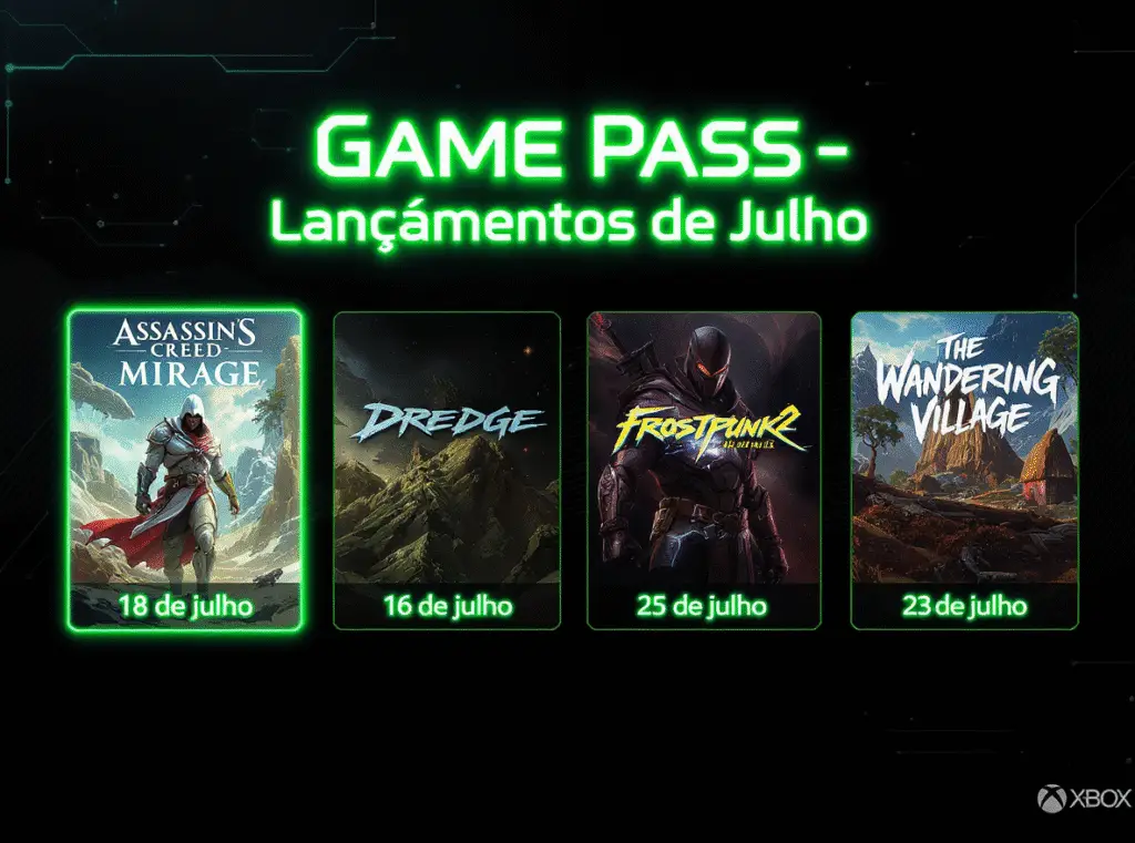 Lançamentos de Julho no Game Pass: Assassin's Creed Mirage (18/07), Dredge (16/07), Frostpunk 2 (25/07) e The Wandering Village (23/07).